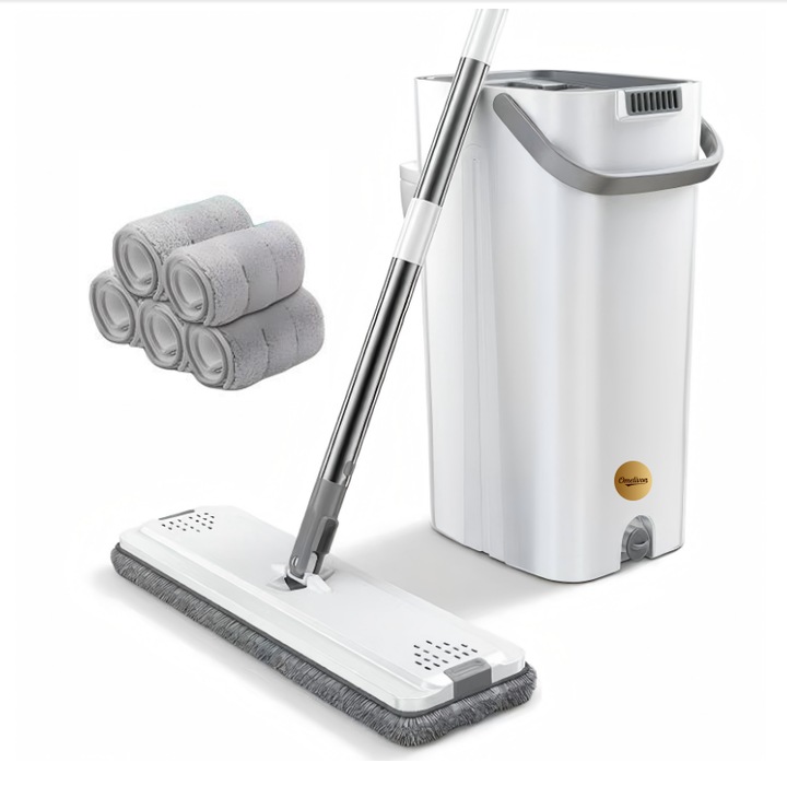 Mop plat Omelivon cu galeata 2 camere, rotire 360°, gri alb, 36x29x21cm