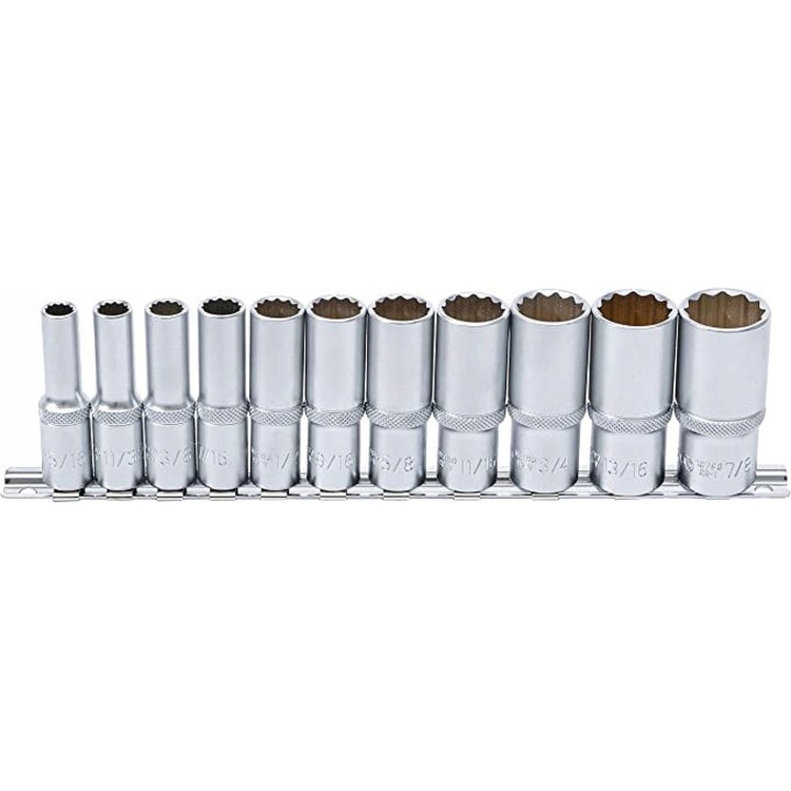 Set 11 chei tubulare, BGS, 10 mm (3/8), pe sina metalica, argintiu