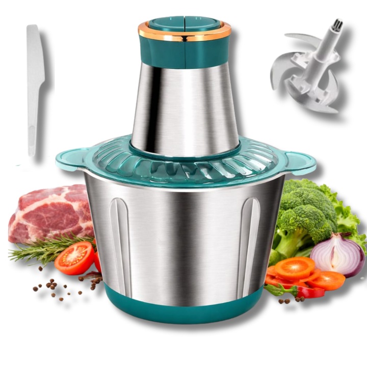 Tocator electric multifunctional, Putere 300W, Capacitate 3L, 4 Lame din inox, 2 Viteze, Bol din otel inoxidabil, Protectie supraincalzire, Baza antiderapanta, Ideal pentru carne, legume si fructe, Argintiu/Verde