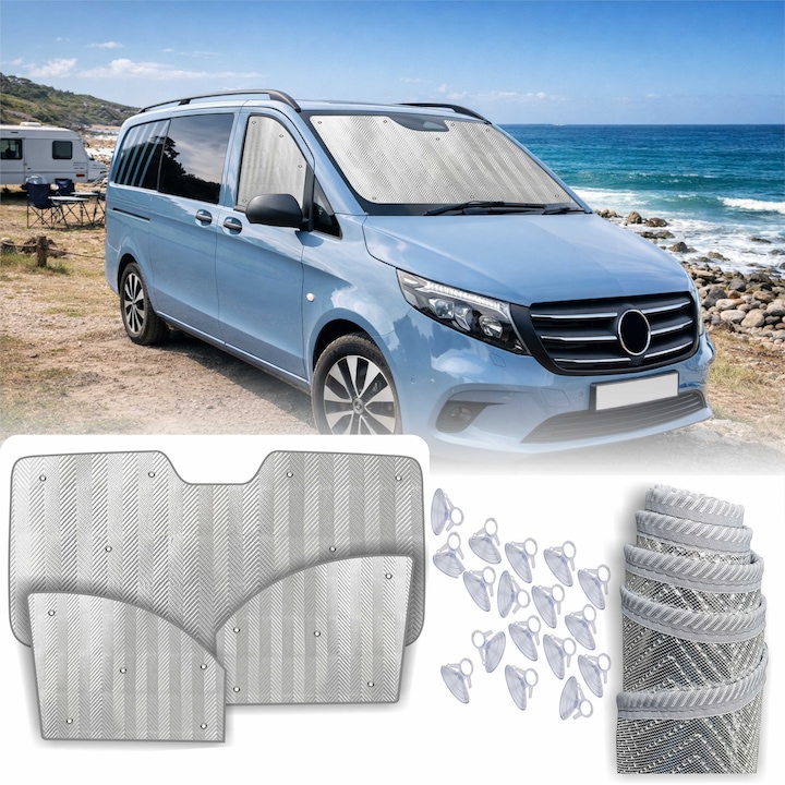Mercedes-Benz Vito W447 Mercedes-Benz V-Class Mercedes-Benz EQV 2014–2026 hőszigetelő autó napellenző szett, 3 darabos, UV-védelem, összecsukható, ezüst/szürke