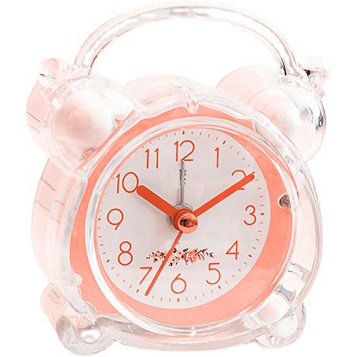 Ceas de masa desteptator cu lumina de noapte, Ceas desteptator pentru copii, Design clasic de clopot dublu, Silentios, Seta ceasul, Usor de citit, Perfect pentru adulti, adolescenti, copii si seniori, Metal, 11cm*10cm*5 cm, Roz