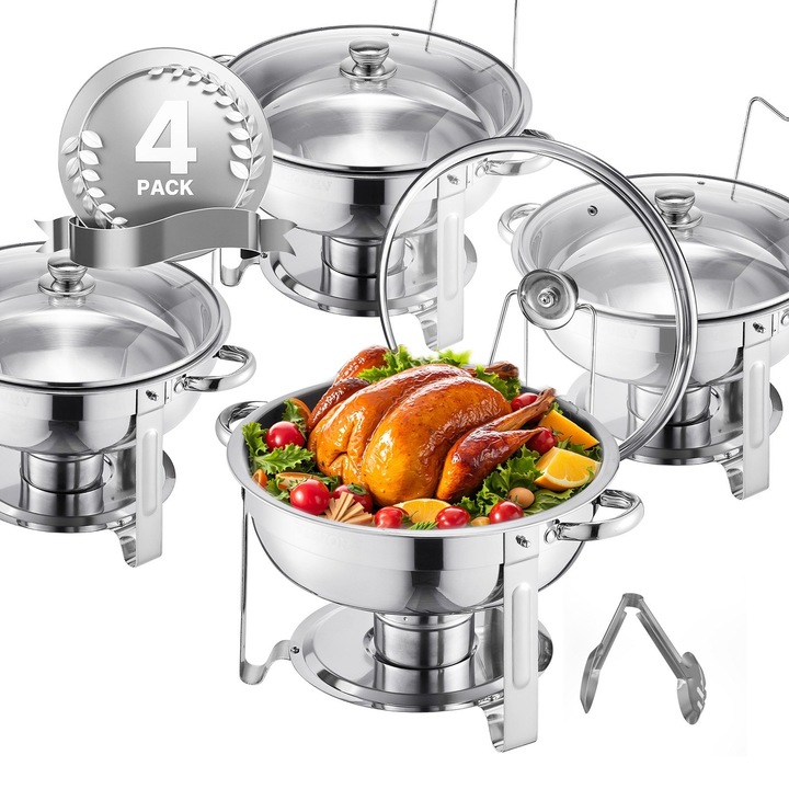 Комплект тави за бюфет, VEVOR, 5 Qt, 4 броя, неръждаема стомана, стъклен капак, сгъваема стойка
