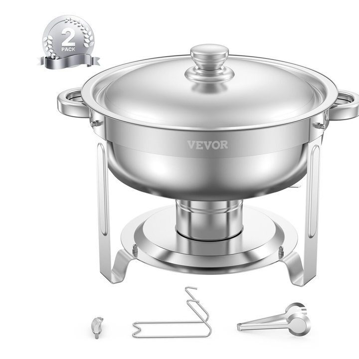Комплект тави за бюфет, VEVOR, 5 Qt, 2 броя, неръждаема стомана, голям капацитет, сребрист