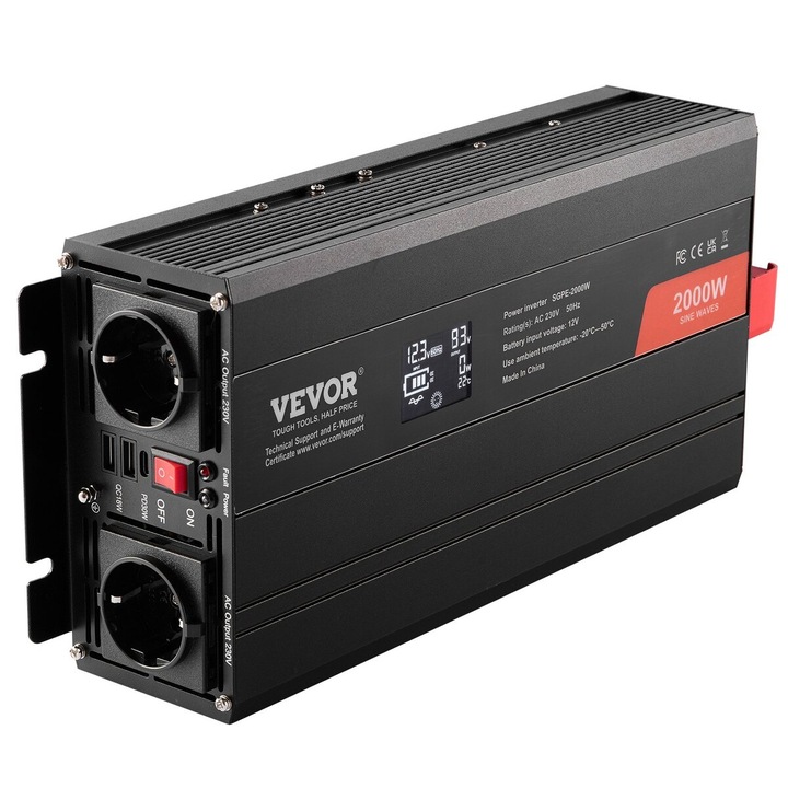 VEVOR 2000W teljesítmény inverter, DC 12V-ról AC 230V-ra, 2 AC aljzat, 2 USB port, 1 Type-C port, méretek 30x14x7cm