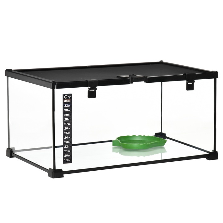 PawHut Terariu pentru Reptile Ridicat cu Incuietoare si Termometru, din Sticla si Plasa Metalica, 50x30x25 cm, Negru