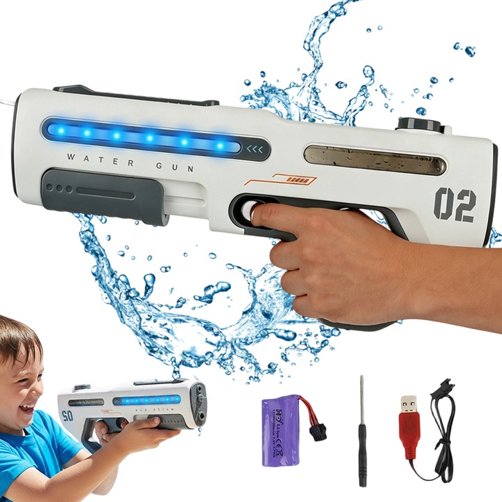 Juksun Pistol de Apa Electric, Pistol apa electric/manual 2-in-1, raza 6-8m, rezervor 300ml, auto-umplere 10-15 secunde, LED colorate - Pentru curte, plaja, piscina, Joaca Exterior - Alb