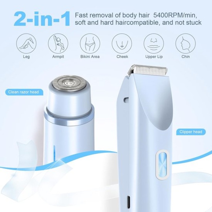 2 az 1-ben elektromos epilátor, női trimmer, világoskék, 90 perc üzemidő, vízálló