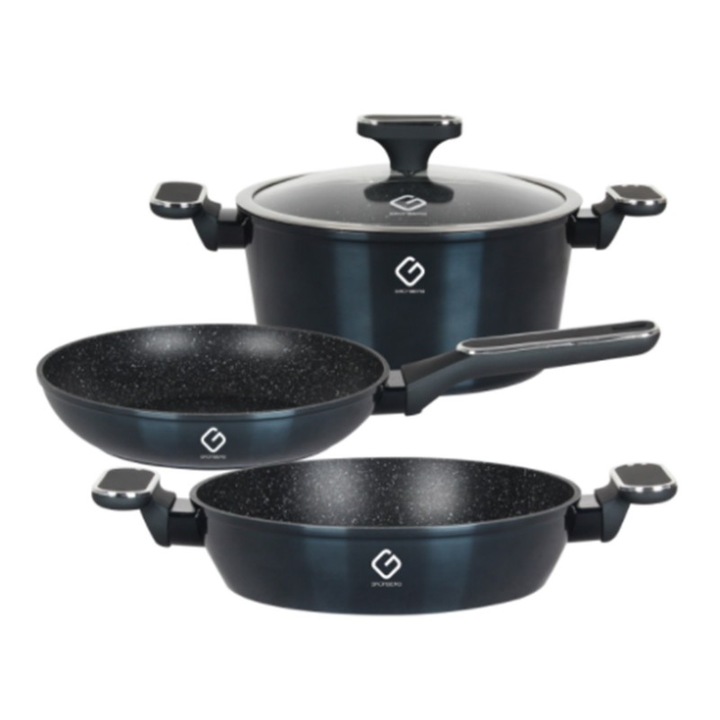 4 részes készlet: 3 alumínium edény, indukciós főzőlappal kompatibilis, 1 üvegfedő, Grunberg GR2717 (kék)