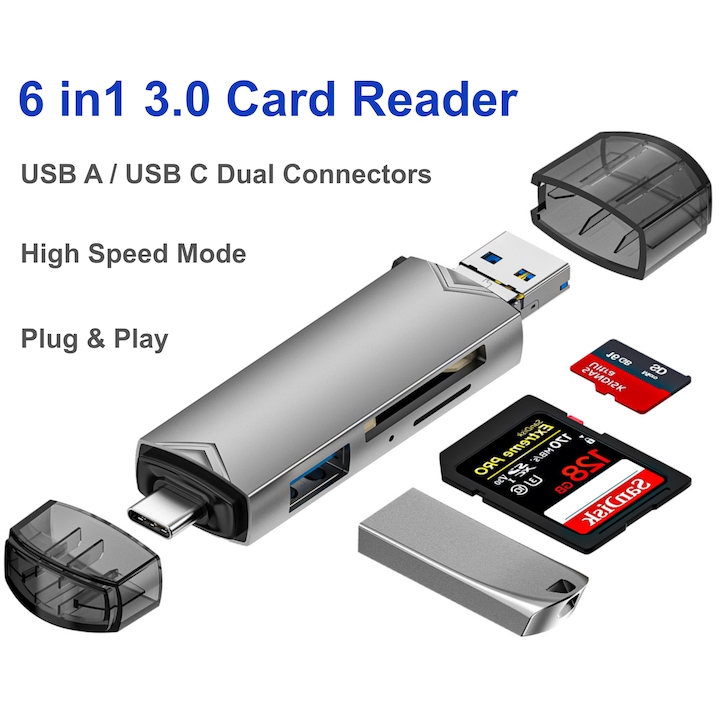 Cititor De Carduri 6 in 1, Transmisie De Mare Viteza, Cititor de carduri de memorie pentru SD/Micro SD/SDHC/SDXC