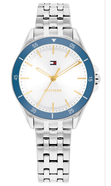 Ceas dama Tommy Hilfiger Jade 1782890, Quartz, 30 mm, Otel inoxidabil, Bratara argintie, Cadran alb cu bezel albastru