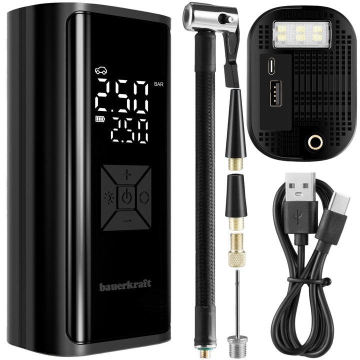 Bauerkraft elektromos pumpa kompresszor 150 PSI powerbank LED 16x8x6cm