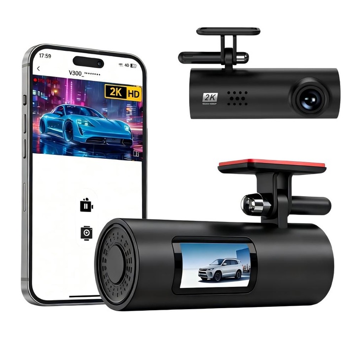 Autós kamera DVR, 2K, WiFi, Fekete, 9.2x5.2cm