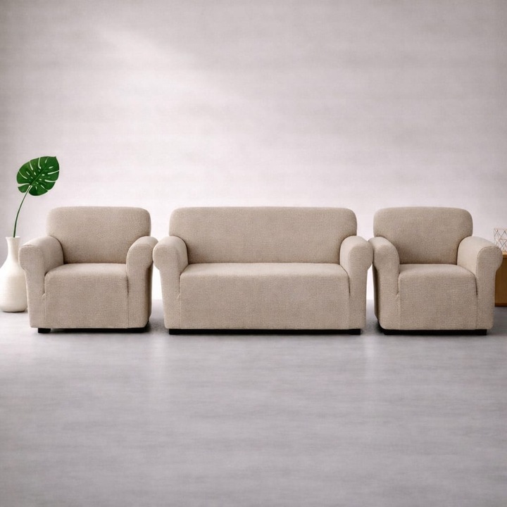 Huse Elastice Lycra pentru Canapea 3 Locuri si 2 Fotolii, Crem