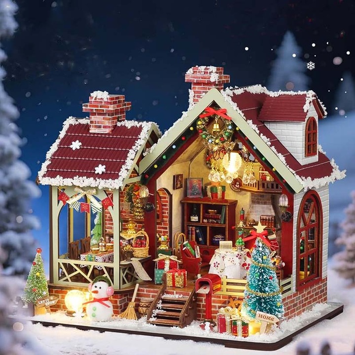 DIY miniatűr ház, Habarri, 23x15x19cm, Mikulás kunyhója, LED, porvédelem, karácsonyi hangulat, varázslatos ajándék, fa puzzle, kreatív tél