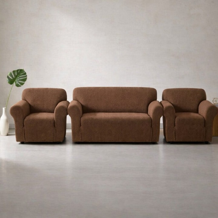 Huse Elastice Lycra pentru Canapea 3 Locuri si 2 Fotolii, Cafea cu lapte