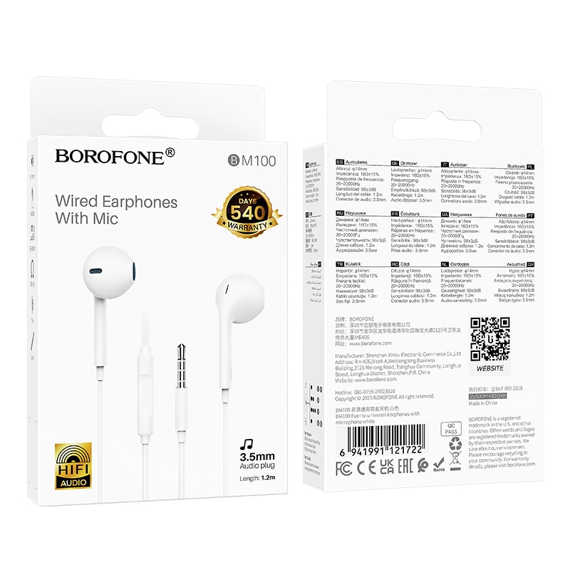 Casti Borofone BM100 Fuente cu microfon, albe, mufa jack 3.5mm