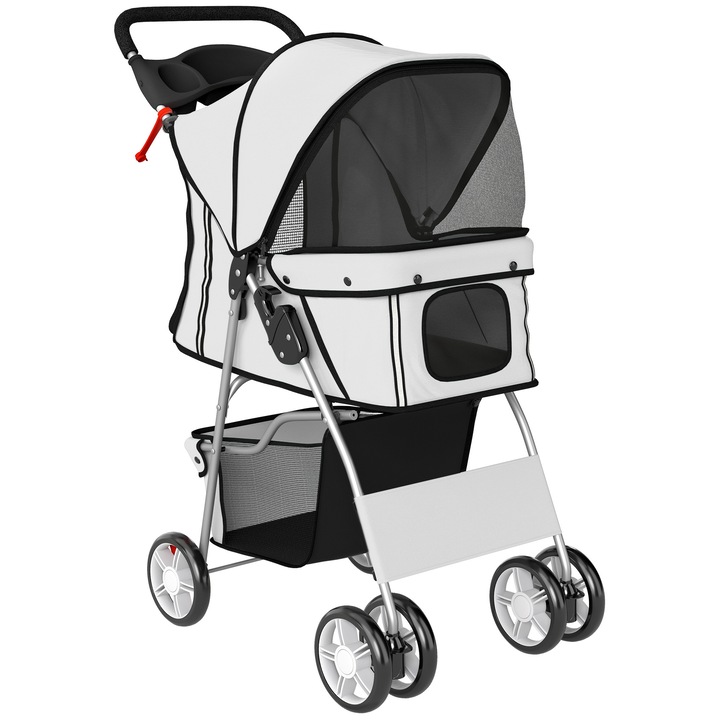 PawHut Carucior pentru Caini de Talie Mica Pliabil, cu Roti Pivotante 360°, Frane, Cos de Depozitare, Perna Lavabila, Gri