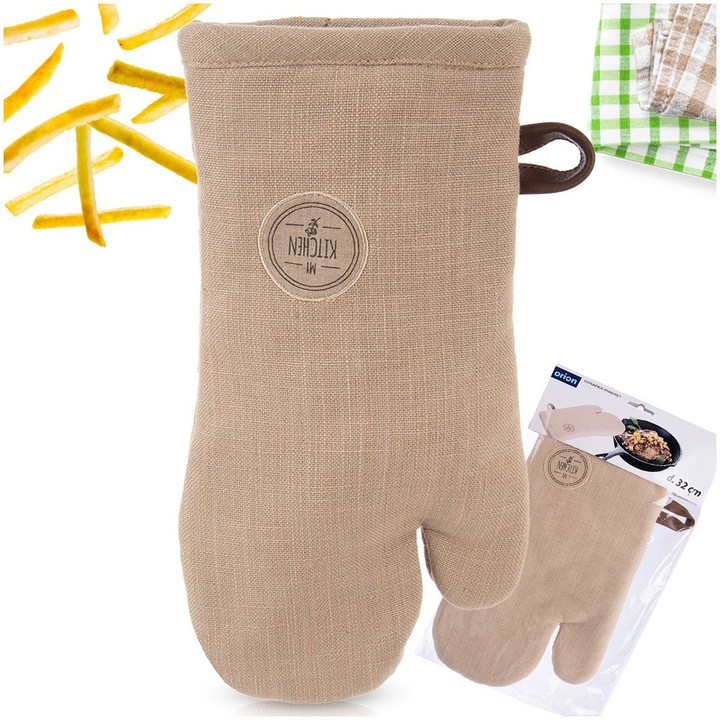Hőszigetelt konyhai kesztyű mágnessel és akasztóval, Orion, Klasszikus, 17.5x32 cm, 100% pamut, világosbarna, könnyű rögzítés hűtőre vagy sütőre, univerzális méret, hővédelem, sütés, grillezés, prémium luxus