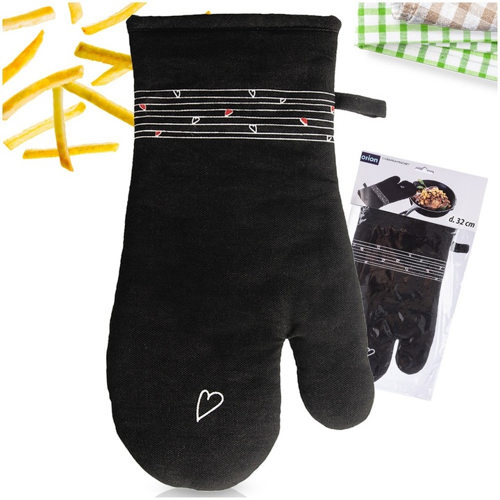 Orion Serce hőszigetelt konyhai kesztyű mágnessel és akasztóval, 18x32 cm, 100% pamut, szívecskés minta, rögzítés hűtőre vagy fém sütőre, univerzális méret, égési sérülések elleni védelem, főzés, grillezés, prémium minőségű süteménykészítés, fekete-fehér