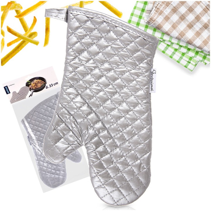 Hőszigetelt konyhai kesztyű akasztóval, Orion, Klasszikus, 18x33 cm, Pamut Akril Polimer, Ezüst, Hővédelem 250 fokig, Univerzális méret, Szennyeződés- és nedvességálló, Sütéshez, Grillezéshez, Prémium Luxus Süteményekhez