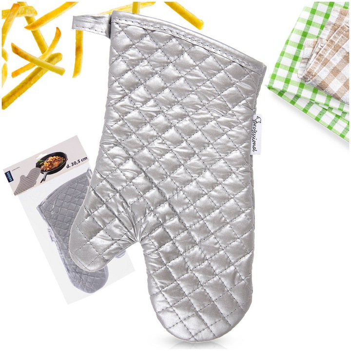 Hőszigetelt konyhai kesztyű akasztóval, Orion, Klasszikus, 18x30.5 cm, Pamut Akril Polimer, Ezüst, Hővédelem 250 fokig, Univerzális méret, Ellenáll a szennyeződésnek és a nedvességnek, Főzés Sütő Grill Sütemény Prémium Luxus
