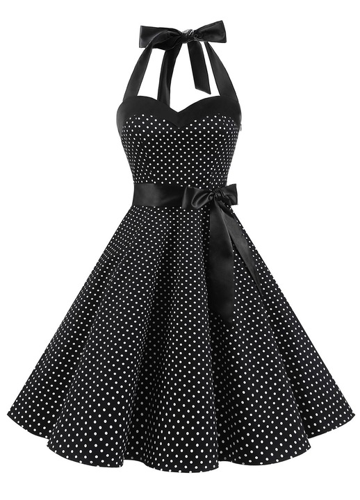 Елегантна дамска коктейлна рокля Rockabilly Vintage DRESSTELLS, черна на бели точки, размер S