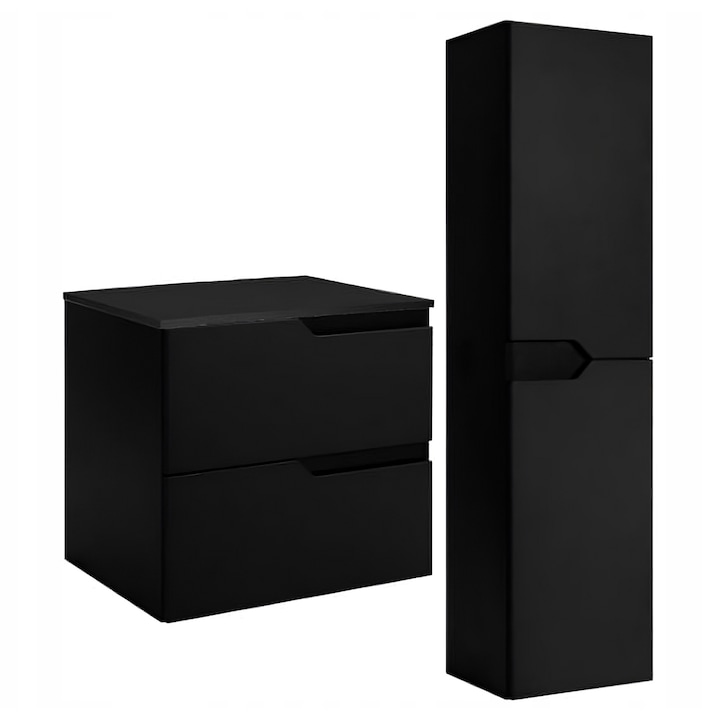 Set Mobilier Baie, Rodan, Masca Lavoar 60cm 2 Sertare + Blat 60cm + Dulap Soldat 136cm, Modern, Material MDF, Suspendat, Soft Close, Fara Manere, Margini ABS, Design Minimalist Elegant, Negru