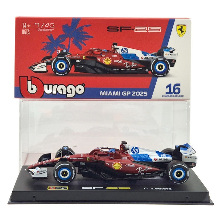 Ferrari SF-25 Team Scuderia F1 #16 (2025) - Miami GP - Charles Leclerc - PILÓTÁVAL - Bburago - 1:43