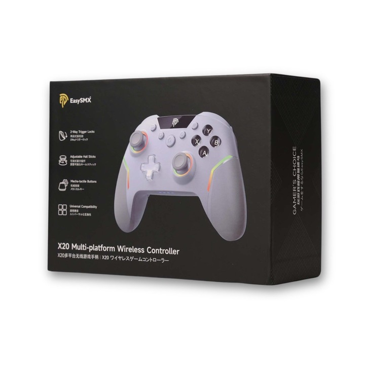 Vezeték nélküli kontroller, EasySMX X20, Multi-Platform (PC, Mobil, Switch), RGB, Hall-Effect, RF 2, 4 GHz/Bluetooth, Fehér