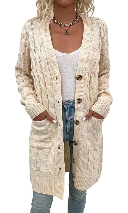 Cardigan lung dama Acramy, tricotat, decolteu in V, bej, marimea L