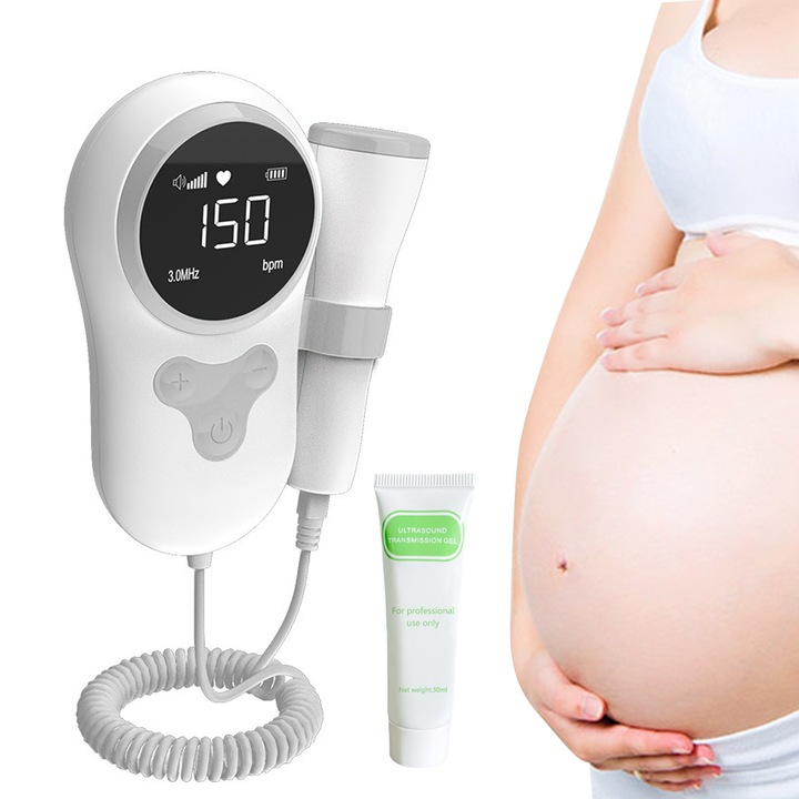 Monitor Doppler fetal pentru femei gravide, Lwtsrp®, Folosit pentru monitorizarea intrauterine a functiei vitale fetale, 2 Metode de Ascultare Sunete din Burtica, Convenabil pentru uz casnic, Ecran LCD, Afisaj HD, Gel inclus, Zero Radiatii, Alb Gri