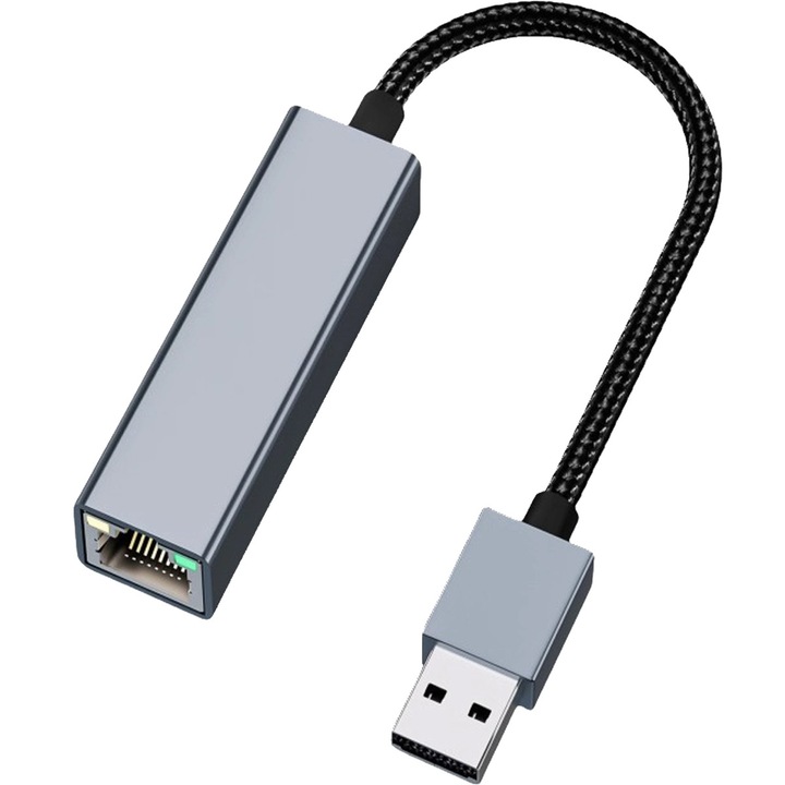 Adaptor Placa Retea USB-A la RJ45, Lwtsrp®, Gbps - Ethernet 10/100/1000 Mbps, Compatibil Windows / macOS / Android / Linux, Plug and play, Gri