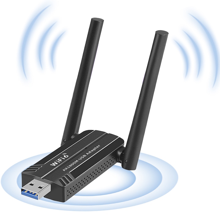 Adaptor Wireless USB AX1800 WiFi 6, Lwtsrp®, Dual Band 2.4GHz & 5GHz, Antene 5dBi, USB 3.0, Stick Wireless Internet, Adaptor WiFi PC, WPA3 Stick WiFi pentru PC/Laptop, Windows 10/11, Negru