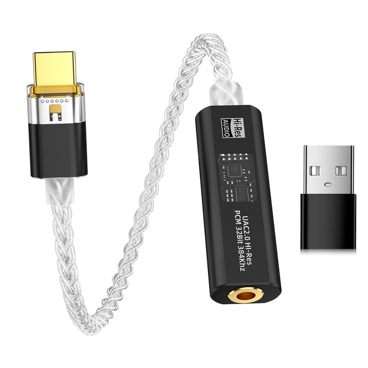Adaptor audio pentru telefon, Lwtsrp®, La DAC de 3,5 mm cu Dual Chip CX31993 si MAX97220, Amplificator portabil de decodare Hi-Res 32bit/384KHz Dongle audio cu cablu OCC placat argintiu pentru iPhone, Android, Mac, casti IEMs, Negru