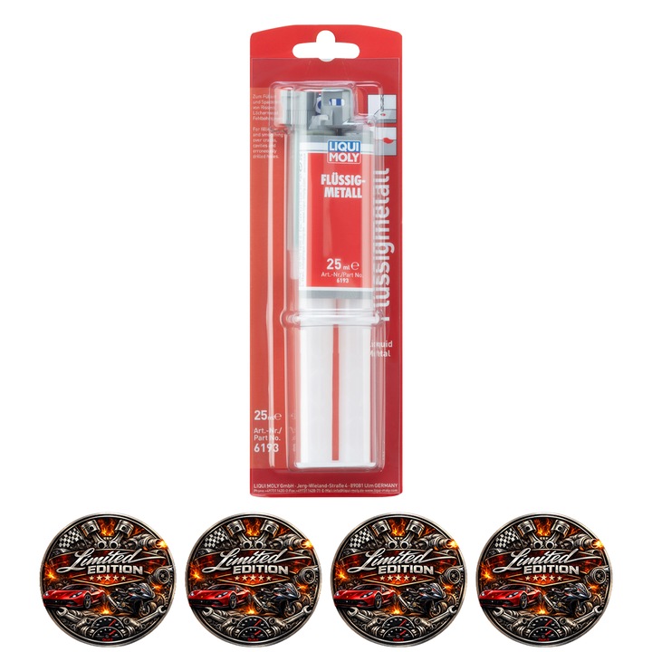 Adeziv Epoxidic 2K LIQUI MOLY Flüssig Metall, Lipire Metal, Plastic, Reparatii Auto, Rezistent la Ulei, Benzina si Temperaturi Ridicate, 25 ml, 4x Stickere auto