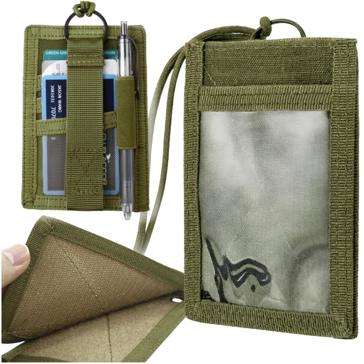 Geanta tactica pentru documente, Korbi, kaki, 9cm x 13.5cm, suport functional pentru legitimatie, curea de gat, material durabil, rezistent la abraziune, inchidere cu velcro, spatiu pentru certificatul de inmatriculare, spatiu pentru pasaport, buzunar