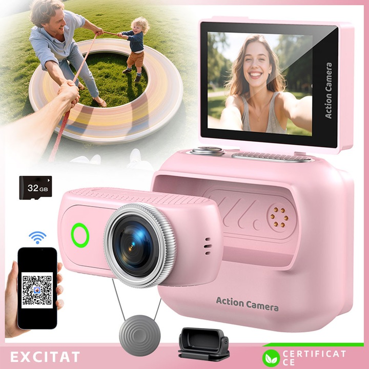 Excitat® 2 az 1-ben kompakt digitális fényképezőgép, hordozható kamera elektronikus stabilizálással, 2.0 hüvelykes kihajtható képernyő, WiFi APP, 32 GB TF kártya mellékelve, ideális Vloghoz és utazáshoz, Rózsaszín