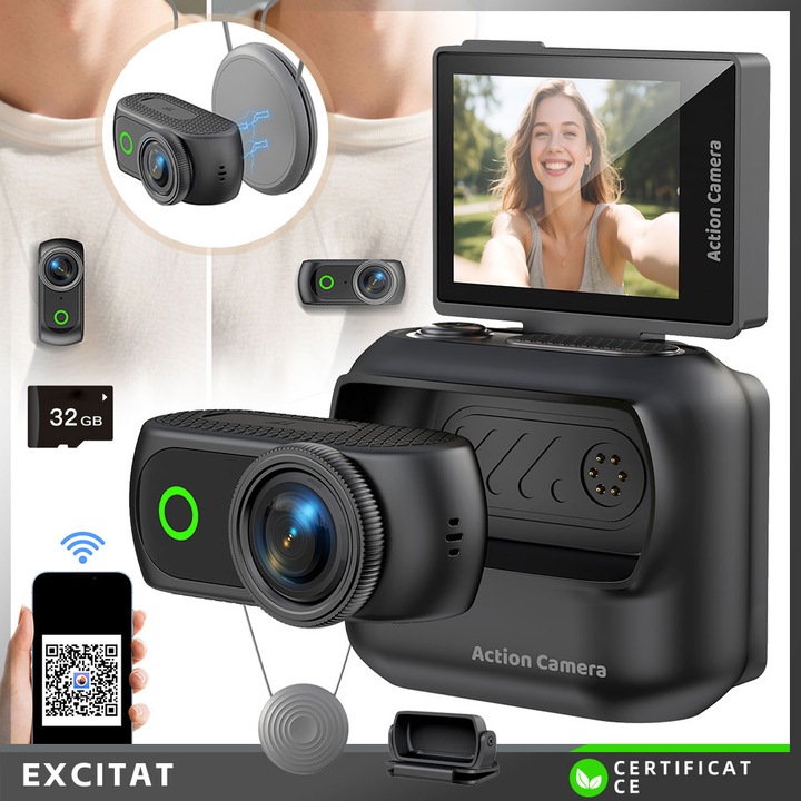 Excitat® 2 az 1-ben kompakt digitális fényképezőgép, hordozható kamera elektronikus stabilizátorral, 2.0 hüvelykes kihajtható képernyő, WiFi APP, 32 GB TF kártya mellékelve, ideális Vlog-hoz és utazáshoz, Fekete