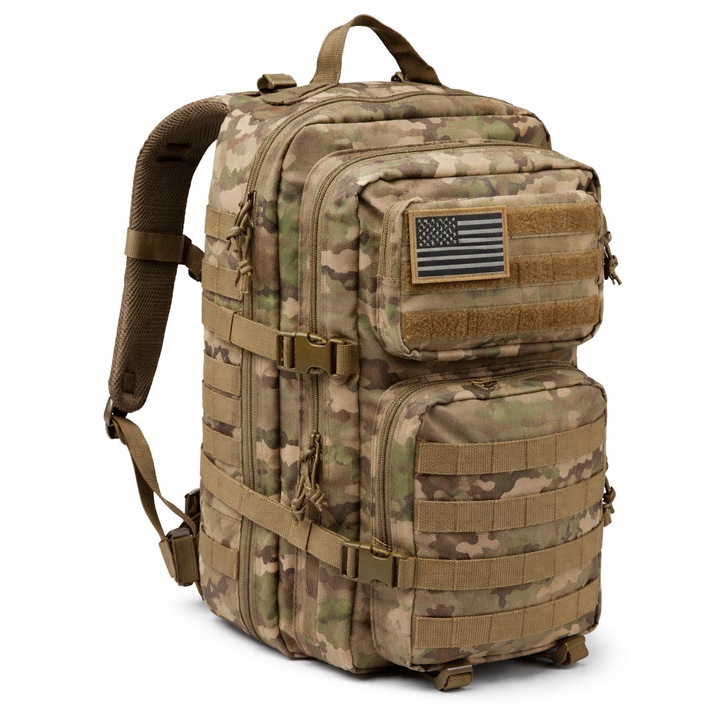 Rucsac Tactic 45L Camuflaj cu sistem MOLLE - rezistent la apa, compartimente multiple, catarame ajustabile si cusaturi intarite, ventilatie spate si compatibilitate cu sistem de hidratare