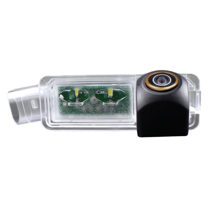 Camera Marsarier Dedicata pentru Lampa Numar VW Golf Passat Seat Ibiza Toledo Altea XL Leon Unghi 170° grade Lentila Golden Fisheye AHD si CVBS