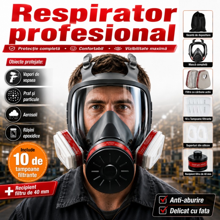 Masca Faciala Integrala cu Filtru, Excitat®, 6800, Set 10 Filtre Bumbac, Protectie Gaze Nocive & Praf Industrial, pentru Constructii, Agricultura, Laboratoare