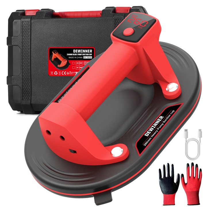 Ventuza electrica DEWINNER pentru gresie, sticla si marmura, ecran LCD, baterie integrata, 26 cm, 260 kg