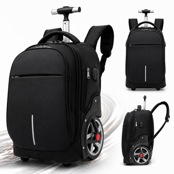 Ghiozdan Troler Multifunctional cu Rotile 2 in 1, Capacitate Mare 55L, Roti mari si rezistente 18 cm, Burete respirabil, Impermeabil, Husa anti-praf, Compartimente multiple, Negru