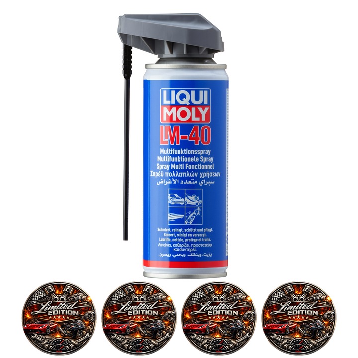 Spray Multifunctional LIQUI MOLY LM 40, Lubrifiant, Degripant, Anticoroziv, Curatare si Protectie, Fara Silicon, Pentru Metal, Plastic si Electric, 200ml, 4x Stickere auto