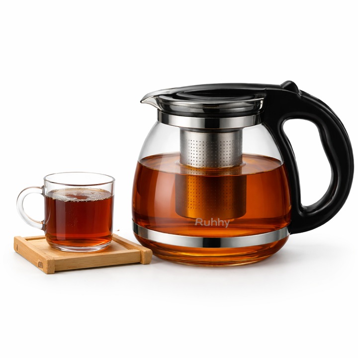 Carafa cu infuzor 2L RUHHY, sticla termorezistenta, infuzor inox detasabil, maner rece, gradatie, 22 x 16 x 15 cm, transparent negru