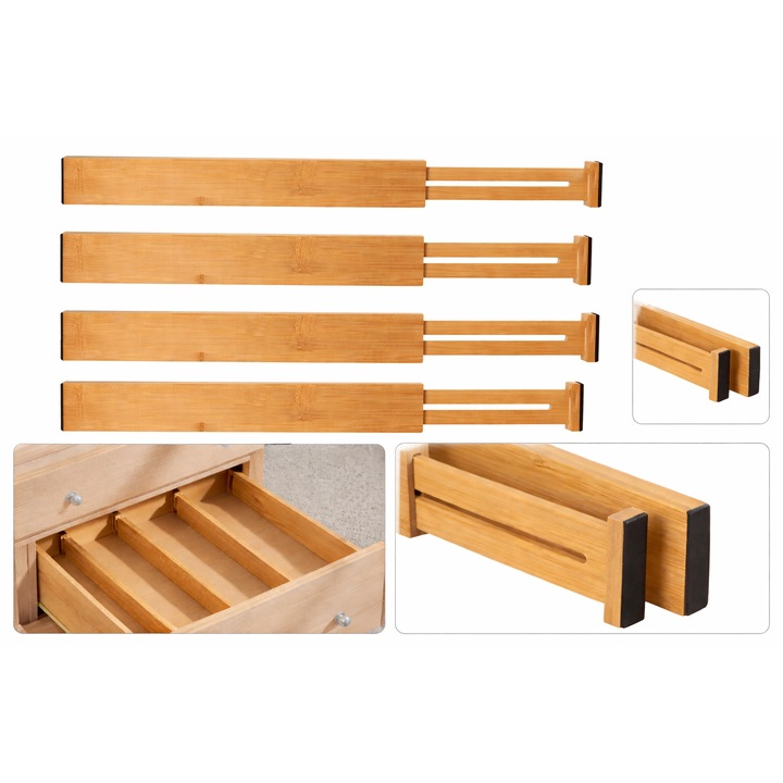 Set de 4 organizatoare sertar Ruhhy, divizoare telescopice reglabile 42-56 cm, bambus, protectie EVA, culoare natur