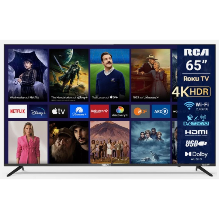 Smart TV RCA 65 hüvelykes, 4K Ultra HD, keret nélküli design, hármas tuner
