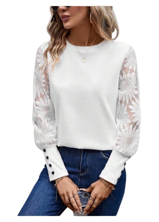 Női blúz, fehér, csipke ujjú, L-es méret