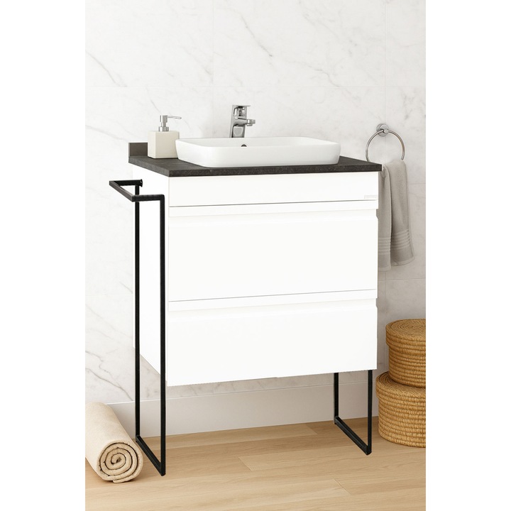 Set mobilier de baie MDF KIT, baza cu blat compozit si lavoar ceramica, BadenMob, Seria 686, cu Sertare, Cadru metalic, 60x94x46cm, Alb
