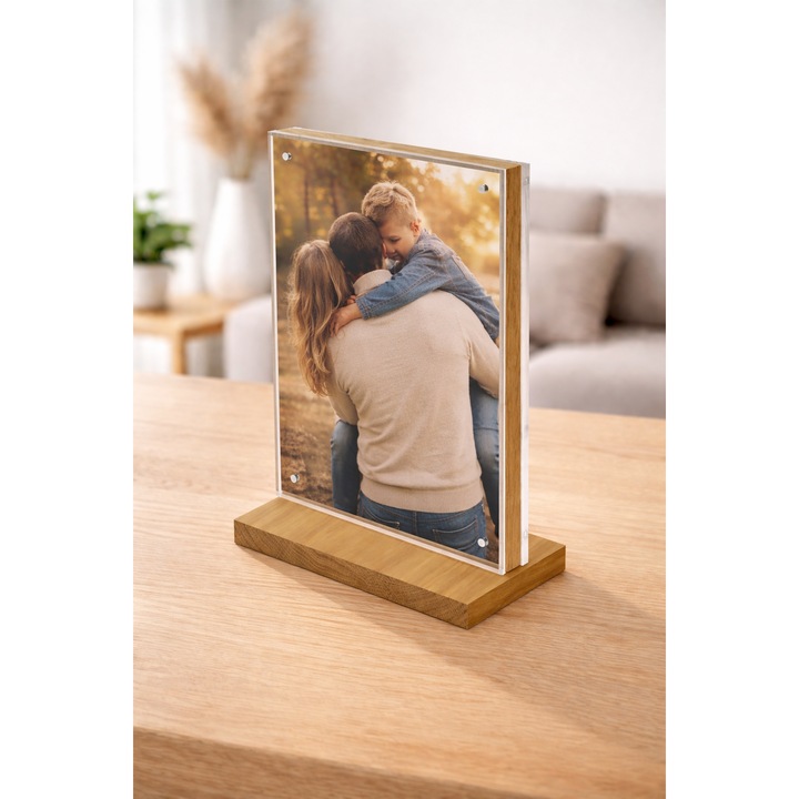 Suport afisare transparent cu inchidere magnetica cu spate din lemn masiv de stejar, 10 x 15 cm, Format Vertical